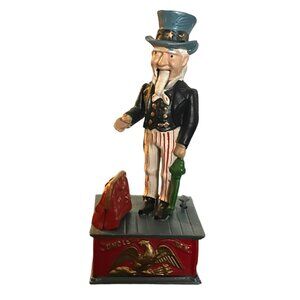Vintage Uncle Sam Mechanical Bank Cast Iron‎ 1970's Taiwan USA Drop Coin